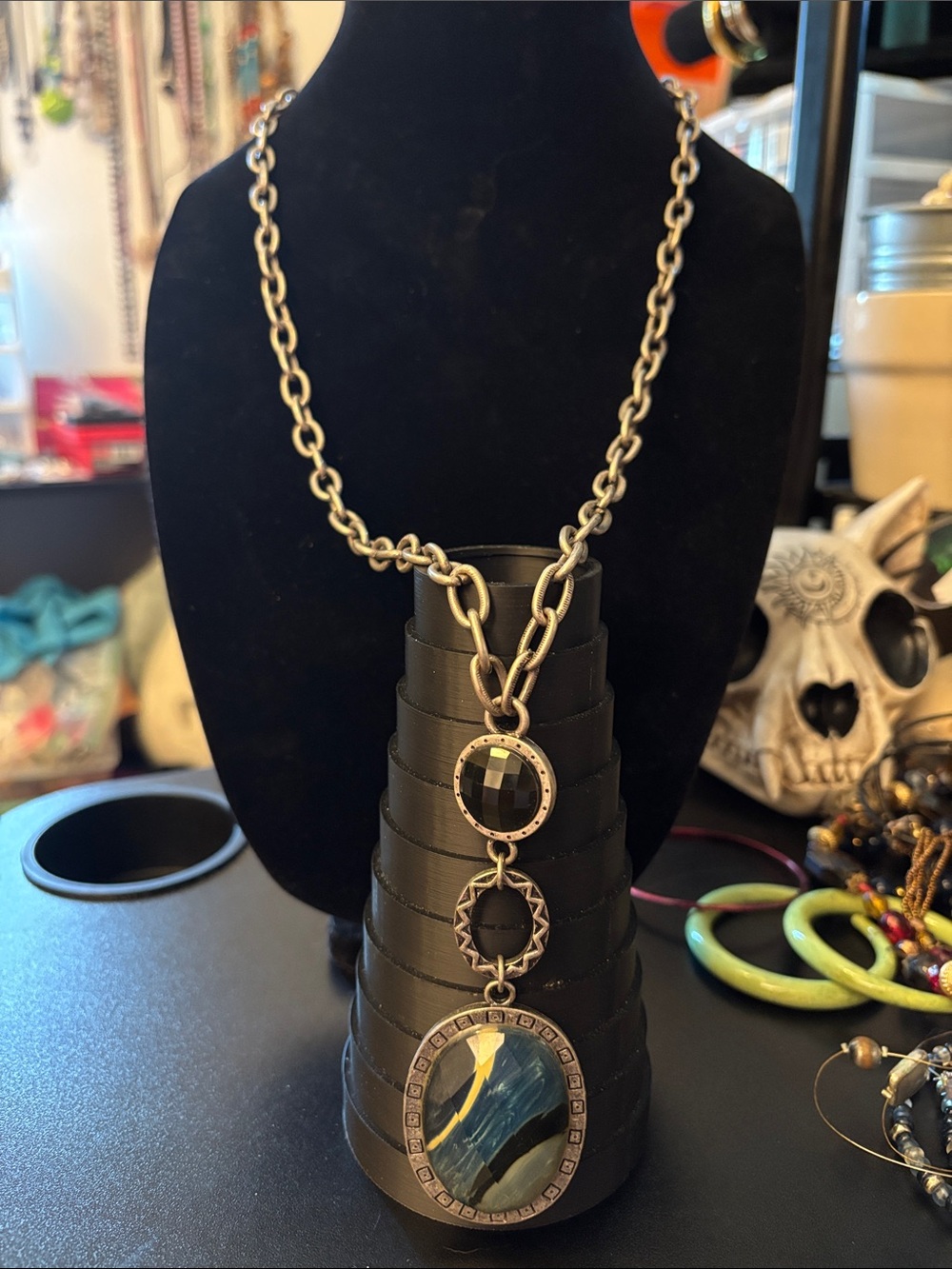 Laura Ashley Silver-Tone Necklace with Blue and Black Stones